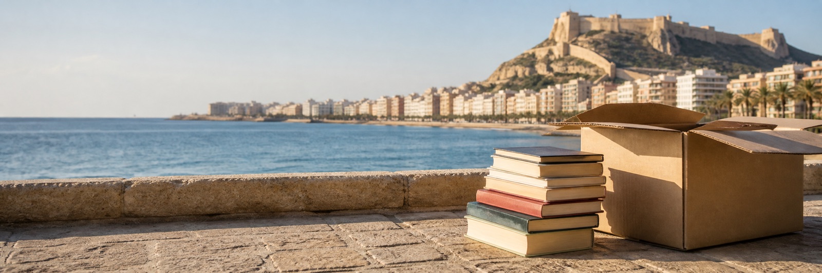 Libros preparados para donar con una vista de Alicante, su costa y el castillo de Santa Bárbara al fondo