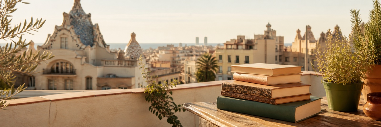 Libros preparados para donar con una vista urbana de Barcelona al fondo