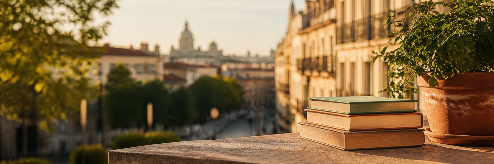 Libros preparados para donar con una vista urbana de Madrid al fondo