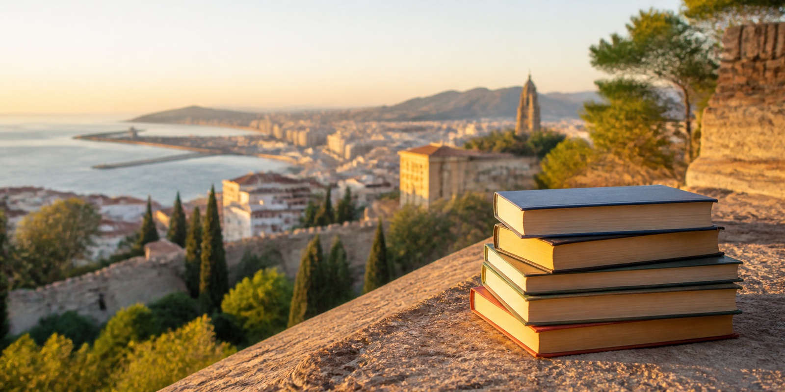 Libros preparados para donar con una vista de Málaga y su costa al fondo