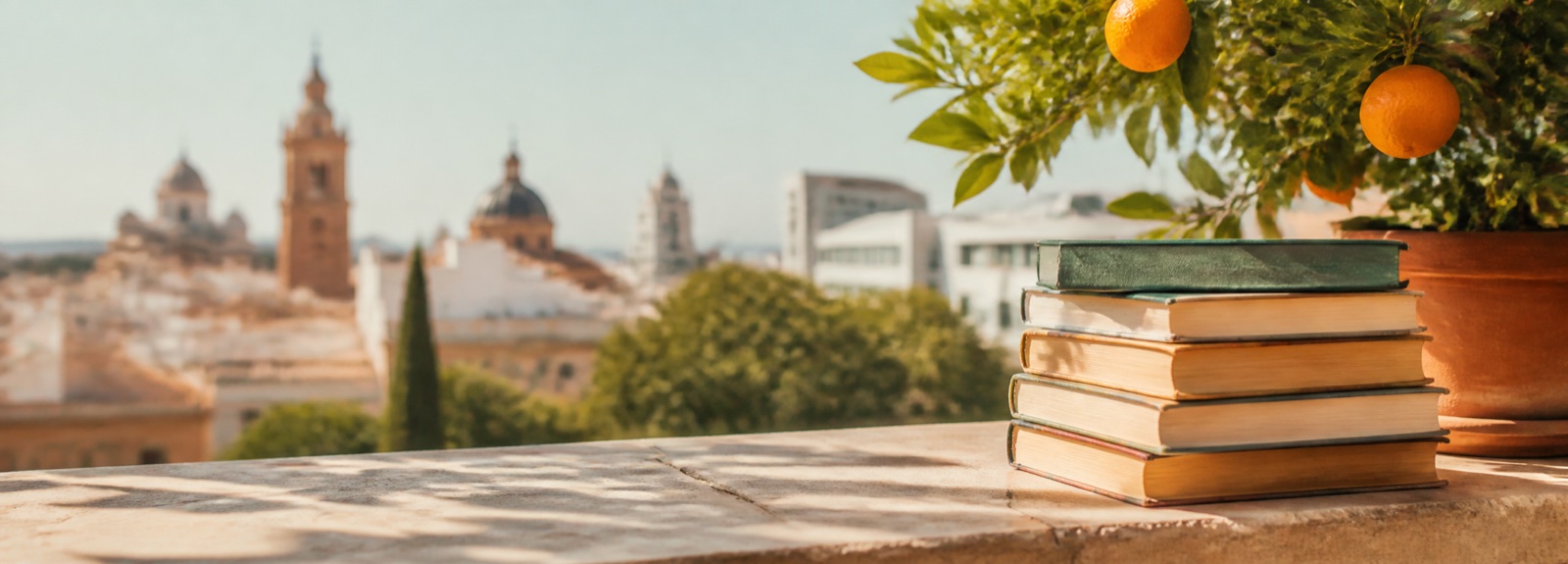 Libros preparados para donar con una vista urbana de Valencia al fondo
