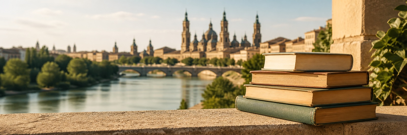 Libros preparados para donar con una vista urbana de Zaragoza al fondo