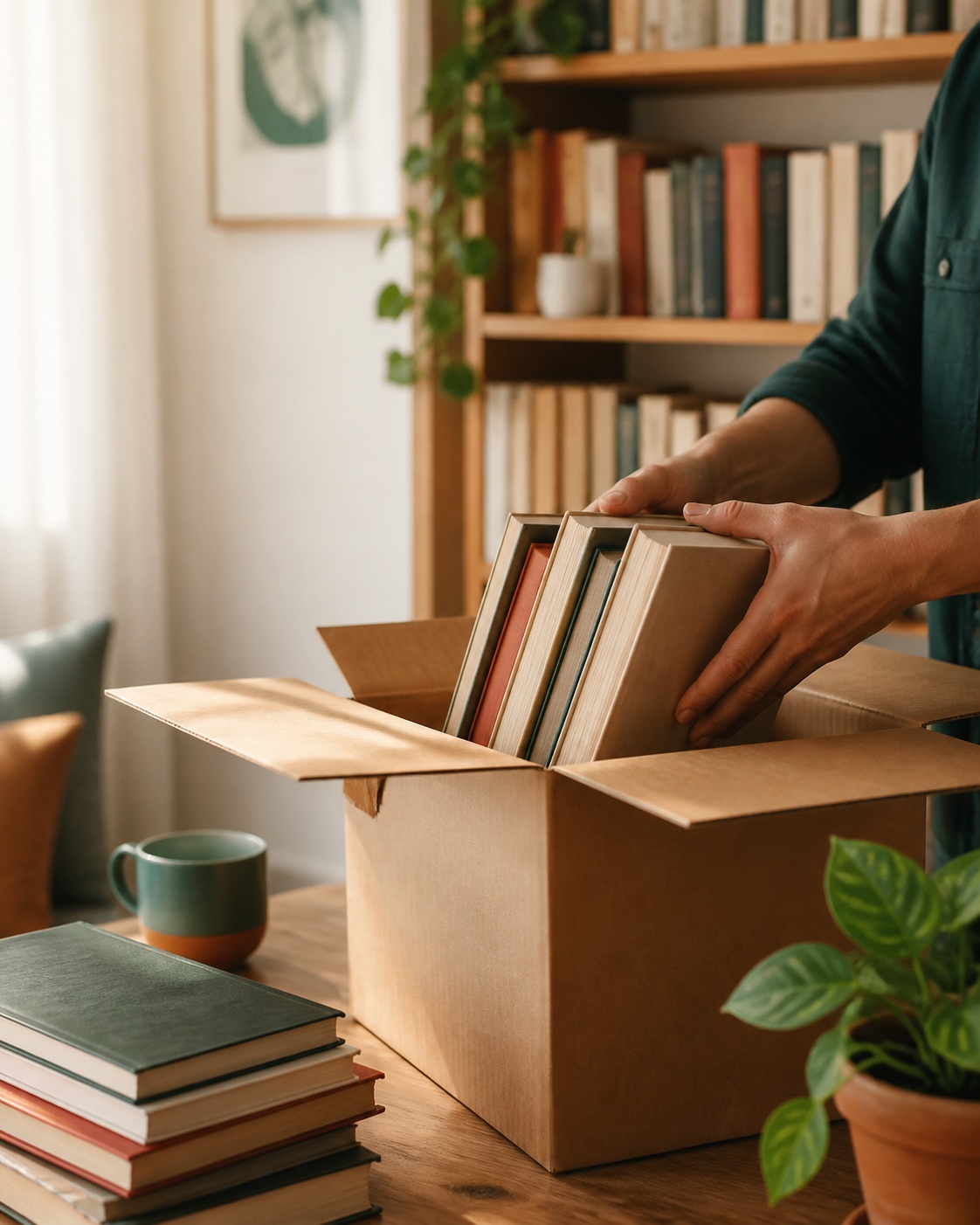 Persona preparando libros usados para una recogida gratuita